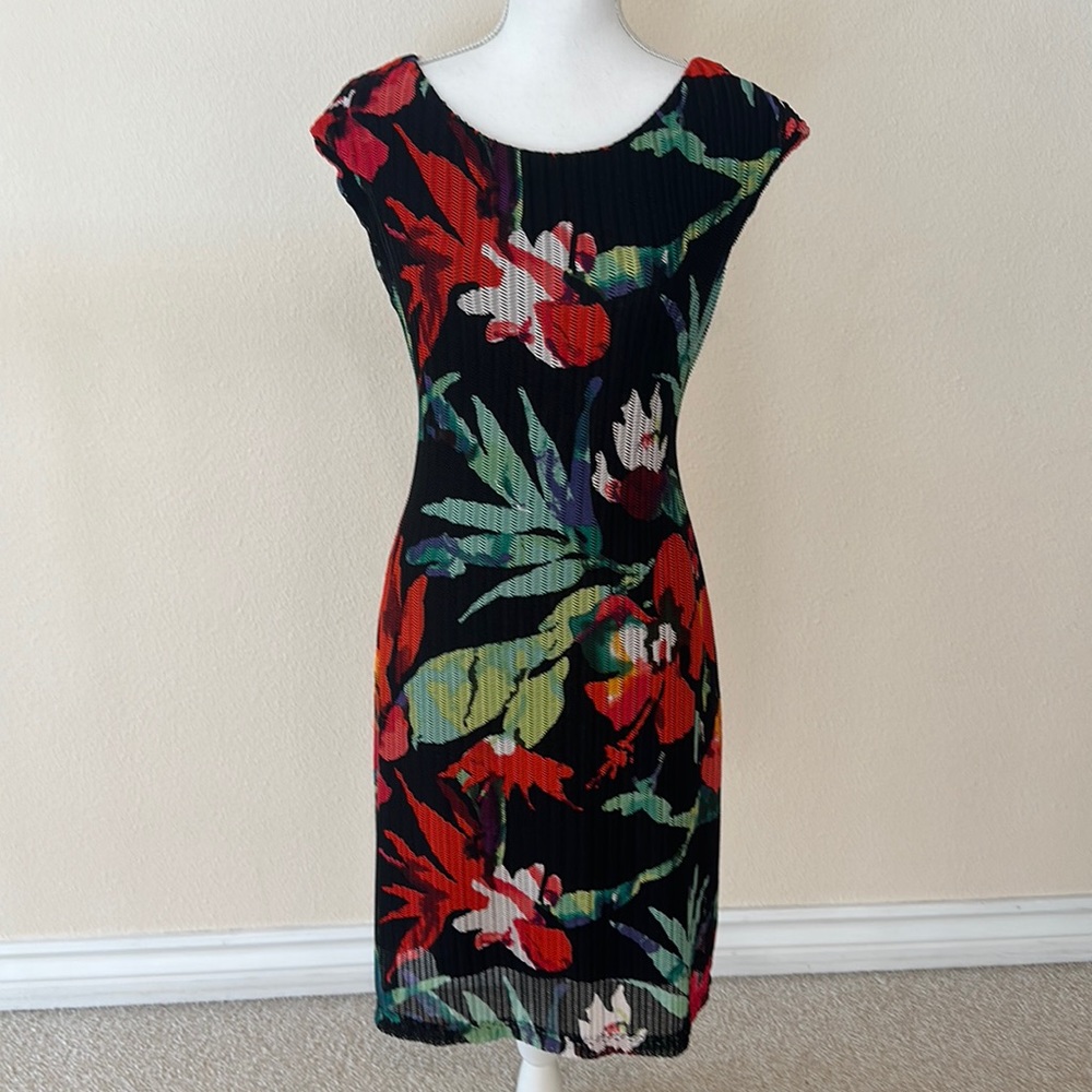 connected apparel Black Floral Sheath Dress with Red & Green Accents